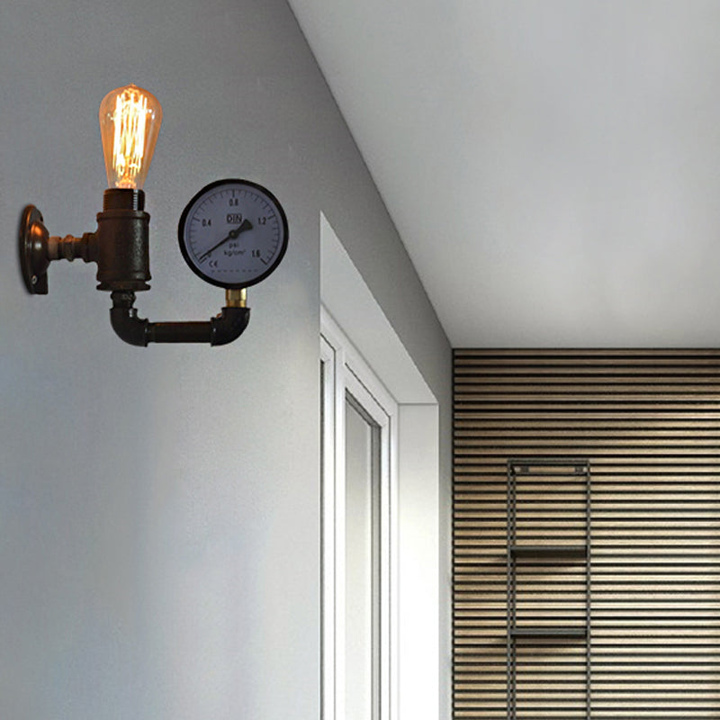 Black Water Pipe Wall Sconce Industrial Metal 1 Light Living Room Mini Wall Lighting with Gauge/Faucet Decoration Black Gauge Clearhalo 'Art deco wall lights' 'Cast Iron' 'Glass' 'Industrial wall lights' 'Industrial' 'Middle century wall lights' 'Modern' 'Rustic wall lights' 'Tiffany' 'Traditional wall lights' 'Wall Lamps & Sconces' 'Wall Lights' Lighting' 146485