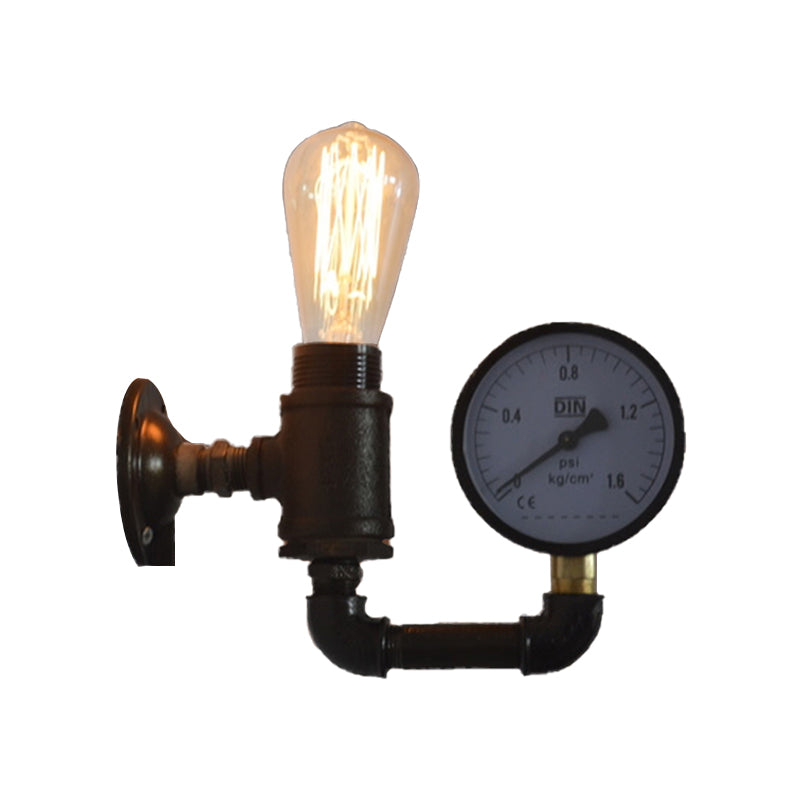 Black Water Pipe Wall Sconce Industrial Metal 1 Light Living Room Mini Wall Lighting with Gauge/Faucet Decoration Clearhalo 'Art deco wall lights' 'Cast Iron' 'Glass' 'Industrial wall lights' 'Industrial' 'Middle century wall lights' 'Modern' 'Rustic wall lights' 'Tiffany' 'Traditional wall lights' 'Wall Lamps & Sconces' 'Wall Lights' Lighting' 146486