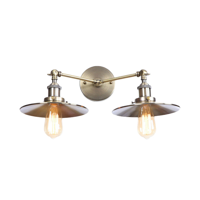 2 Bulbs Flat Shade Wall Lighting Industrial Style Brass/Rust Metal Wall Mount Fixture for Corridor Clearhalo 'Art deco wall lights' 'Cast Iron' 'Glass' 'Industrial wall lights' 'Industrial' 'Middle century wall lights' 'Modern' 'Rustic wall lights' 'Tiffany' 'Traditional wall lights' 'Wall Lamps & Sconces' 'Wall Lights' Lighting' 146522