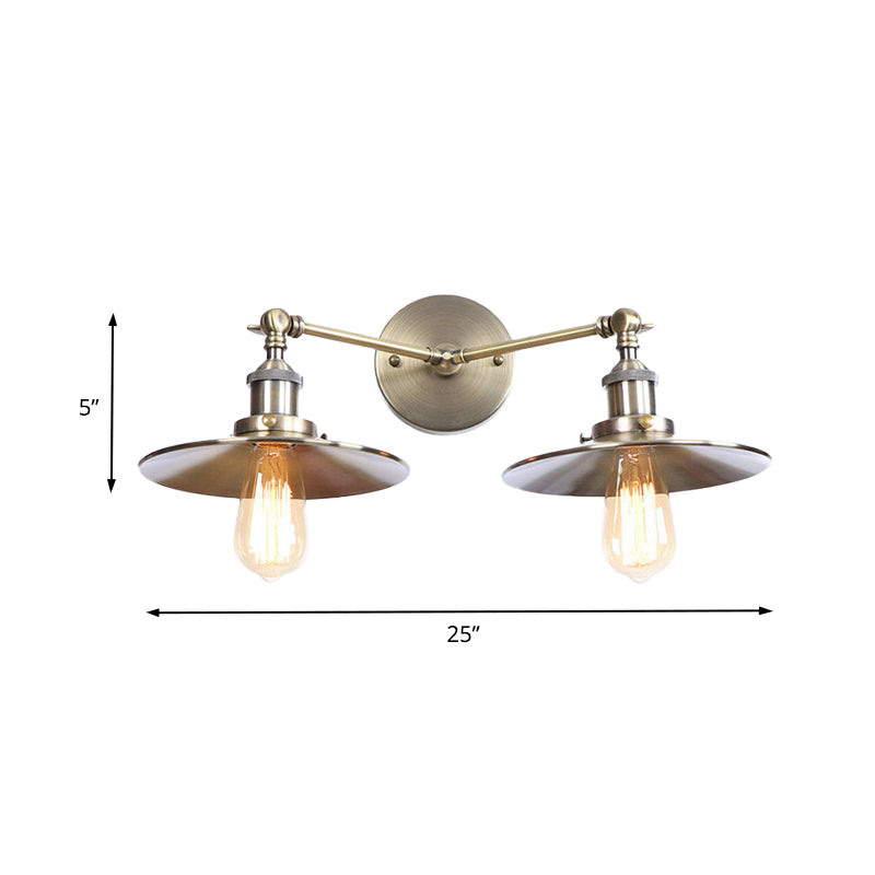 2 Bulbs Flat Shade Wall Lighting Industrial Style Brass/Rust Metal Wall Mount Fixture for Corridor Clearhalo 'Art deco wall lights' 'Cast Iron' 'Glass' 'Industrial wall lights' 'Industrial' 'Middle century wall lights' 'Modern' 'Rustic wall lights' 'Tiffany' 'Traditional wall lights' 'Wall Lamps & Sconces' 'Wall Lights' Lighting' 146523