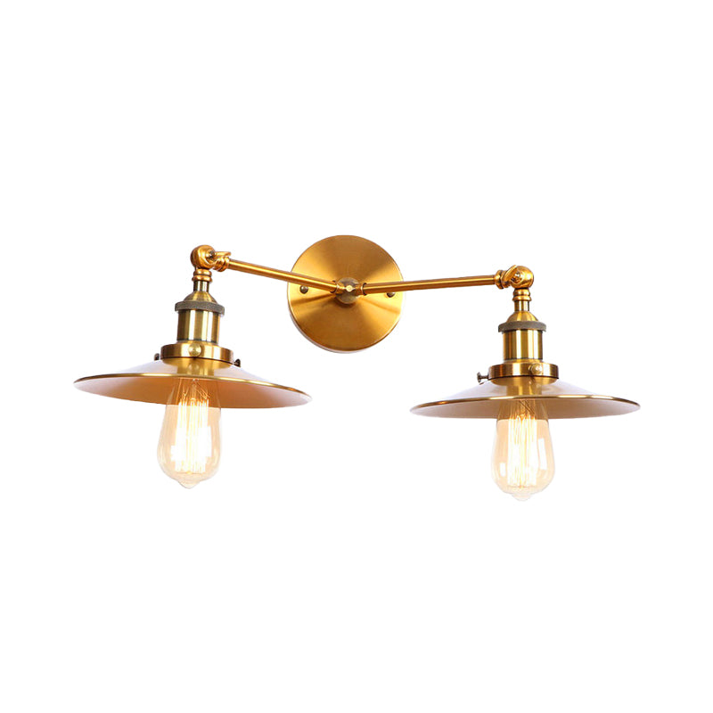 2 Bulbs Flat Shade Wall Lighting Industrial Style Brass/Rust Metal Wall Mount Fixture for Corridor Clearhalo 'Art deco wall lights' 'Cast Iron' 'Glass' 'Industrial wall lights' 'Industrial' 'Middle century wall lights' 'Modern' 'Rustic wall lights' 'Tiffany' 'Traditional wall lights' 'Wall Lamps & Sconces' 'Wall Lights' Lighting' 146529