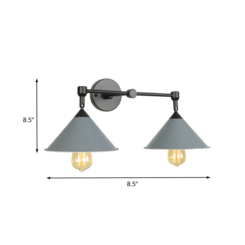 Industrial Vintage Cone Wall Lighting 2 Lights Metal Wall Lamp Sconce in Black/Grey for Restaurant Clearhalo 'Art deco wall lights' 'Cast Iron' 'Glass' 'Industrial wall lights' 'Industrial' 'Middle century wall lights' 'Modern' 'Rustic wall lights' 'Tiffany' 'Traditional wall lights' 'Wall Lamps & Sconces' 'Wall Lights' Lighting' 146600