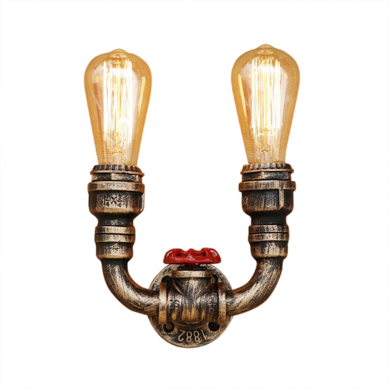 2 Heads Wall Lighting Warehouse Style U Shape Wrought Iron Sconce Light Fixture with Pipe in Aged Brass Clearhalo 'Art deco wall lights' 'Cast Iron' 'Glass' 'Industrial wall lights' 'Industrial' 'Middle century wall lights' 'Modern' 'Rustic wall lights' 'Tiffany' 'Traditional wall lights' 'Wall Lamps & Sconces' 'Wall Lights' Lighting' 146610