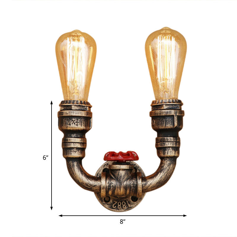 2 Heads Wall Lighting Warehouse Style U Shape Wrought Iron Sconce Light Fixture with Pipe in Aged Brass Clearhalo 'Art deco wall lights' 'Cast Iron' 'Glass' 'Industrial wall lights' 'Industrial' 'Middle century wall lights' 'Modern' 'Rustic wall lights' 'Tiffany' 'Traditional wall lights' 'Wall Lamps & Sconces' 'Wall Lights' Lighting' 146611