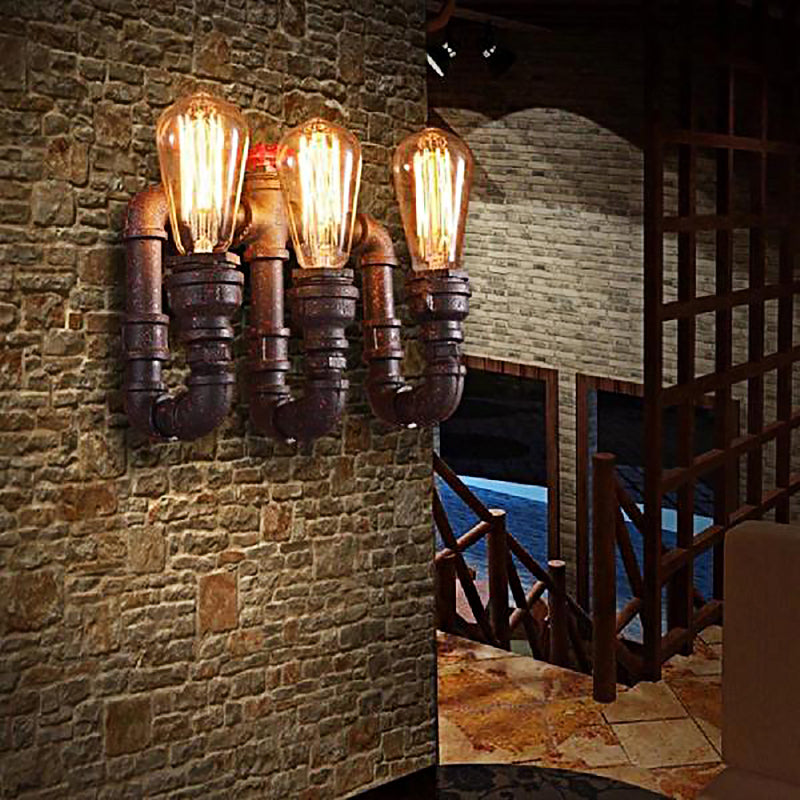 3 Lights Iron Wall Lamp Vintage Style Rust Water Pipe Stairway Wall Sconce Light with Exposed Bulb Rust Clearhalo 'Art deco wall lights' 'Cast Iron' 'Glass' 'Industrial wall lights' 'Industrial' 'Middle century wall lights' 'Modern' 'Rustic wall lights' 'Tiffany' 'Traditional wall lights' 'Wall Lamps & Sconces' 'Wall Lights' Lighting' 146620