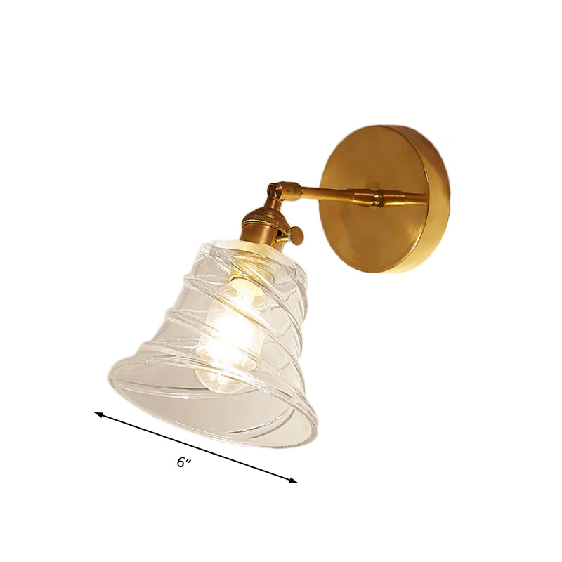 Flared Bedroom Wall Lighting Industrial Clear Swirl Glass 1 Light Brass Sconce Lamp Clearhalo 'Cast Iron' 'Glass' 'Industrial' 'Modern wall lights' 'Modern' 'Tiffany' 'Traditional wall lights' 'Wall Lamps & Sconces' 'Wall Lights' Lighting' 146640