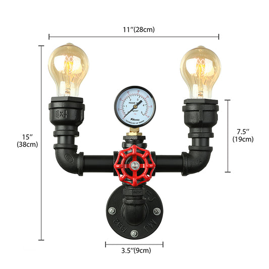 2/3 Lights Wall Mount Light with Pipe and Gauge Metal Steampunk Restaurant Wall Lighting in Black Clearhalo 'Art deco wall lights' 'Cast Iron' 'Glass' 'Industrial wall lights' 'Industrial' 'Middle century wall lights' 'Modern' 'Rustic wall lights' 'Tiffany' 'Traditional wall lights' 'Wall Lamps & Sconces' 'Wall Lights' Lighting' 146672