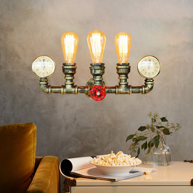 3 Lights Pipe Wall Lighting with Gauge and Valve Decoration Rustic Stylish Antique Brass Metal Wall Mount Light Antique Brass Clearhalo 'Art deco wall lights' 'Cast Iron' 'Glass' 'Industrial wall lights' 'Industrial' 'Middle century wall lights' 'Modern' 'Rustic wall lights' 'Tiffany' 'Traditional wall lights' 'Wall Lamps & Sconces' 'Wall Lights' Lighting' 146683
