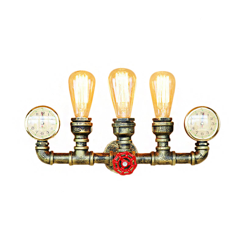 3 Lights Pipe Wall Lighting with Gauge and Valve Decoration Rustic Stylish Antique Brass Metal Wall Mount Light Clearhalo 'Art deco wall lights' 'Cast Iron' 'Glass' 'Industrial wall lights' 'Industrial' 'Middle century wall lights' 'Modern' 'Rustic wall lights' 'Tiffany' 'Traditional wall lights' 'Wall Lamps & Sconces' 'Wall Lights' Lighting' 146685
