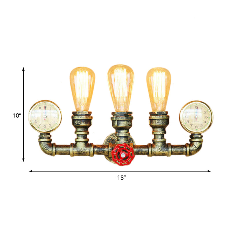 3 Lights Pipe Wall Lighting with Gauge and Valve Decoration Rustic Stylish Antique Brass Metal Wall Mount Light Clearhalo 'Art deco wall lights' 'Cast Iron' 'Glass' 'Industrial wall lights' 'Industrial' 'Middle century wall lights' 'Modern' 'Rustic wall lights' 'Tiffany' 'Traditional wall lights' 'Wall Lamps & Sconces' 'Wall Lights' Lighting' 146686