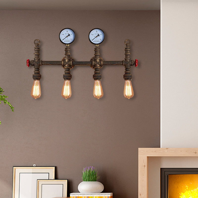 Bronze Finish Pipe Wall Lamp Industrial Style Metallic 4 Lights Living Room Wall Sconce Light with Gauge Clearhalo 'Art deco wall lights' 'Cast Iron' 'Glass' 'Industrial wall lights' 'Industrial' 'Middle century wall lights' 'Modern' 'Rustic wall lights' 'Tiffany' 'Traditional wall lights' 'Wall Lamps & Sconces' 'Wall Lights' Lighting' 146692