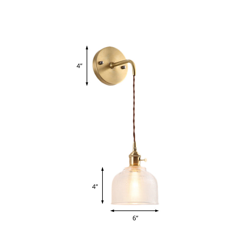 Brass One Light Sconce Light Industrial Clear Textured Glass Dome Lighting Fixture Clearhalo 'Cast Iron' 'Glass' 'Industrial' 'Modern wall lights' 'Modern' 'Tiffany' 'Traditional wall lights' 'Wall Lamps & Sconces' 'Wall Lights' Lighting' 146763
