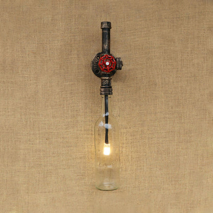 Glass Wine Bottle Wall Lighting Rustic Industrial 1 Light Restaurant Blue/Clear Wall Sconce Light with Red Valve Clear Clearhalo 'Cast Iron' 'Glass' 'Industrial wall lights' 'Industrial' 'Middle century wall lights' 'Modern' 'Tiffany' 'Traditional wall lights' 'Wall Lamps & Sconces' 'Wall Lights' Lighting' 146795