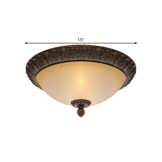 12.5"/15" Wide LED Flush Lamp Vintage Semi-Ball Amber Glass Ceiling Fixture in Brass for Balcony Clearhalo 'Ceiling Lights' 'Close To Ceiling Lights' 'Close to ceiling' 'Flush mount' Lighting' 1468053