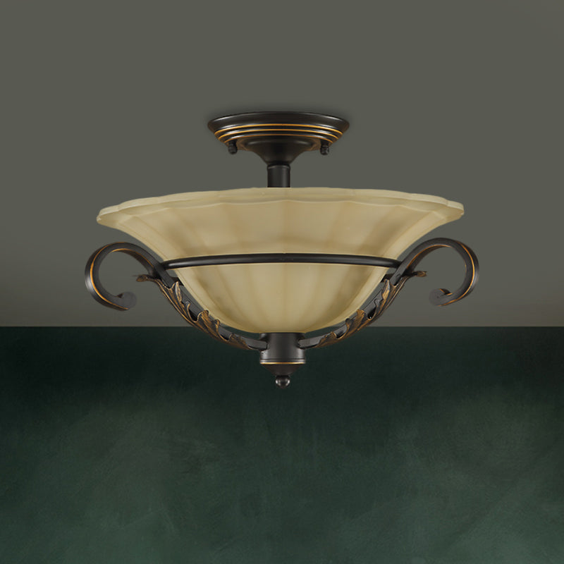 Bronze Bell Shape Flush Lamp Countryside Ribbed Opal Glass 3-Head Corridor Close to Ceiling Light Bronze Clearhalo 'Ceiling Lights' 'Close To Ceiling Lights' 'Close to ceiling' 'Glass shade' 'Glass' 'Pendant Lights' 'Semi-flushmount' Lighting' 1468059