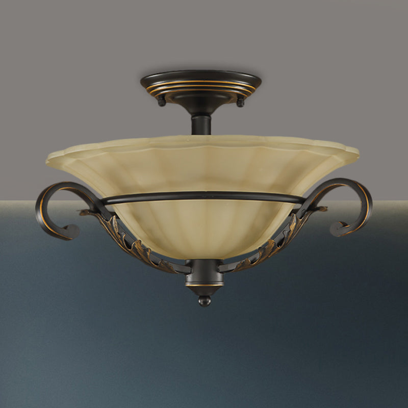 Bronze Bell Shape Flush Lamp Countryside Ribbed Opal Glass 3-Head Corridor Close to Ceiling Light Clearhalo 'Ceiling Lights' 'Close To Ceiling Lights' 'Close to ceiling' 'Glass shade' 'Glass' 'Pendant Lights' 'Semi-flushmount' Lighting' 1468060