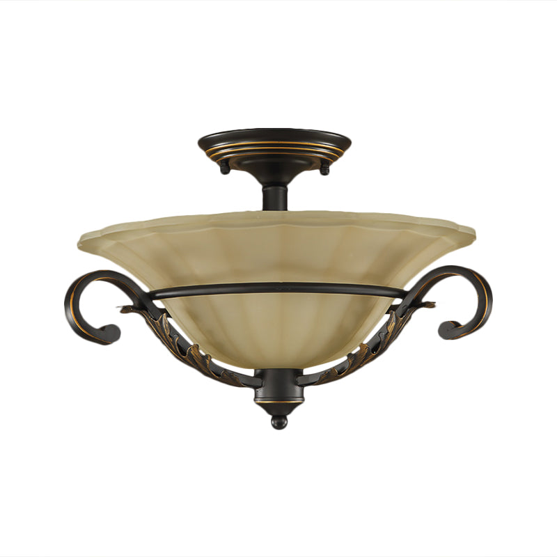 Bronze Bell Shape Flush Lamp Countryside Ribbed Opal Glass 3-Head Corridor Close to Ceiling Light Clearhalo 'Ceiling Lights' 'Close To Ceiling Lights' 'Close to ceiling' 'Glass shade' 'Glass' 'Pendant Lights' 'Semi-flushmount' Lighting' 1468061