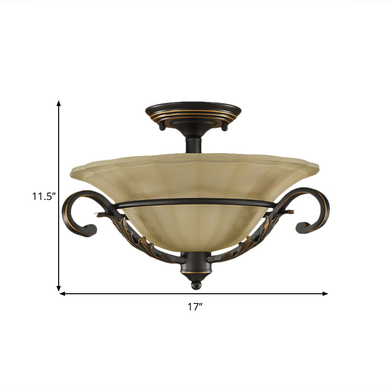 Bronze Bell Shape Flush Lamp Countryside Ribbed Opal Glass 3-Head Corridor Close to Ceiling Light Clearhalo 'Ceiling Lights' 'Close To Ceiling Lights' 'Close to ceiling' 'Glass shade' 'Glass' 'Pendant Lights' 'Semi-flushmount' Lighting' 1468062