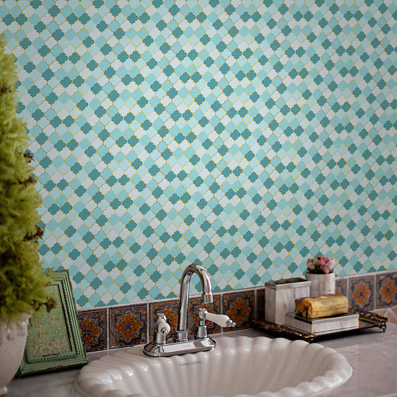 Aqua Quatrefoil Wallpaper Panel Set Peel and Stick Modern Bathroom Wall Decoration Clearhalo 'Wall Decor' 'Wallpaper' 1468491