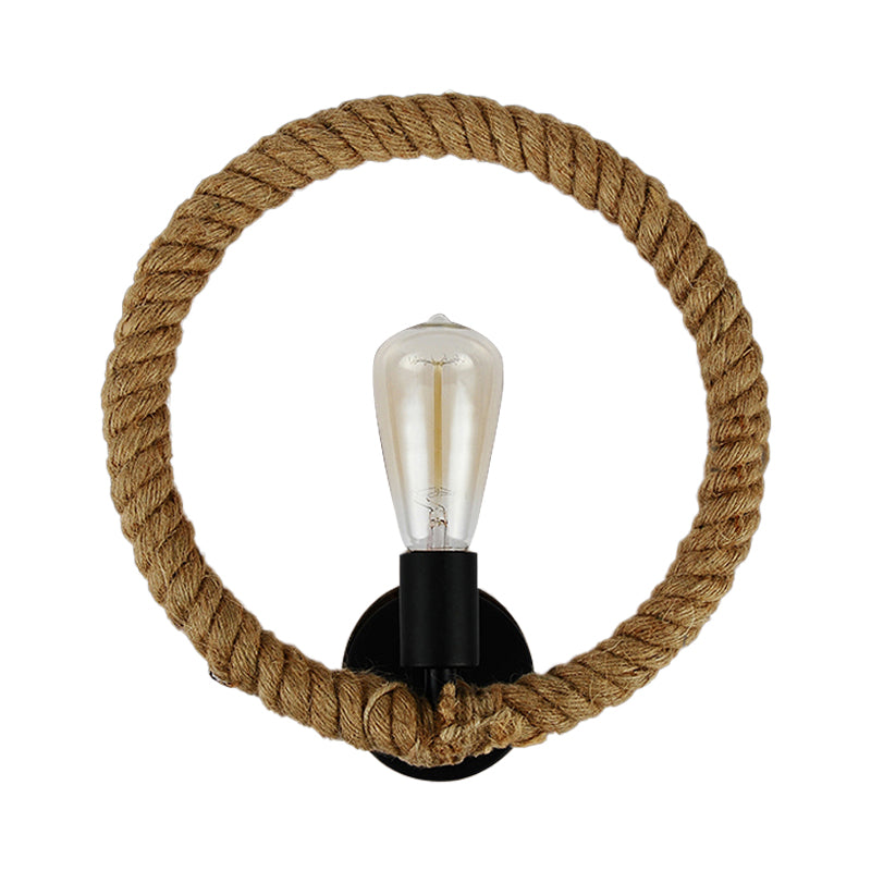 Roped Ring Wall Sconce with Open Bulb Farmhouse 1 Light Hallway Wall Mounted Lamp in Black Clearhalo 'Art deco wall lights' 'Cast Iron' 'Glass' 'Industrial wall lights' 'Industrial' 'Middle century wall lights' 'Modern' 'Rustic wall lights' 'Tiffany' 'Traditional wall lights' 'Wall Lamps & Sconces' 'Wall Lights' Lighting' 146853