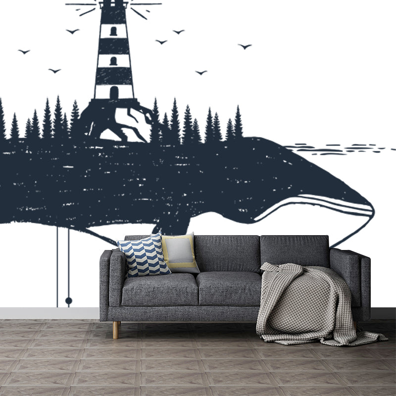 Black-White Modern Wall Mural Full-Size Tower on Whale Wall Covering for Accent Wall Black-White Clearhalo 'Wall Decor' 'Wall Mural' 1468542