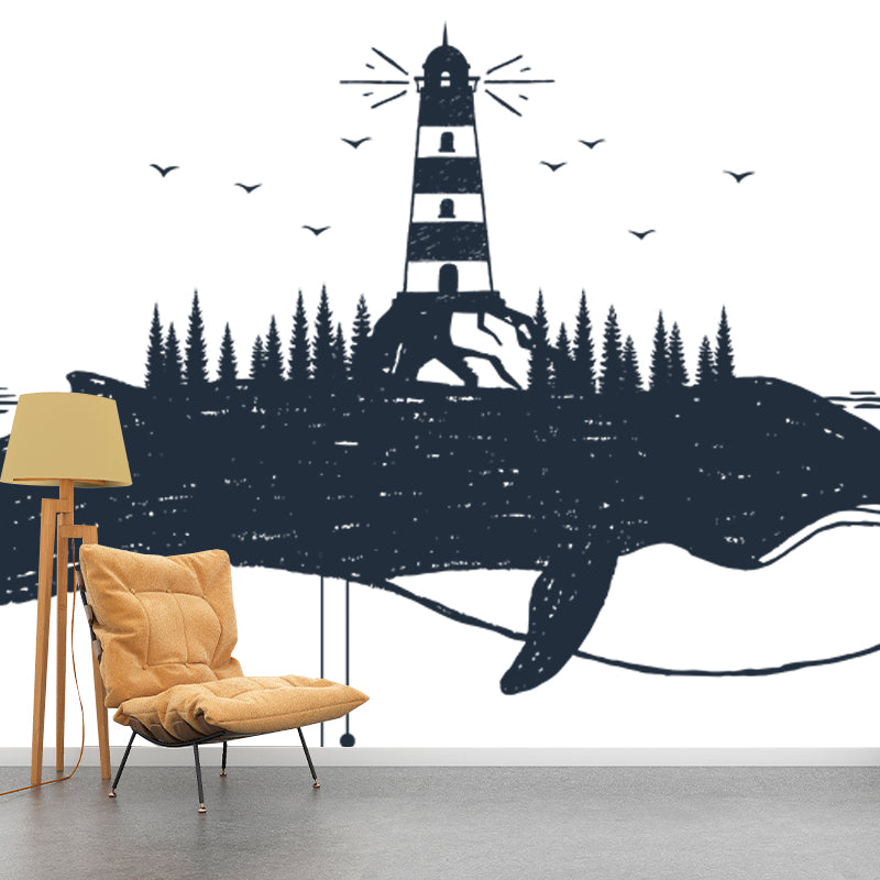 Black-White Modern Wall Mural Full-Size Tower on Whale Wall Covering for Accent Wall Clearhalo 'Wall Decor' 'Wall Mural' 1468543