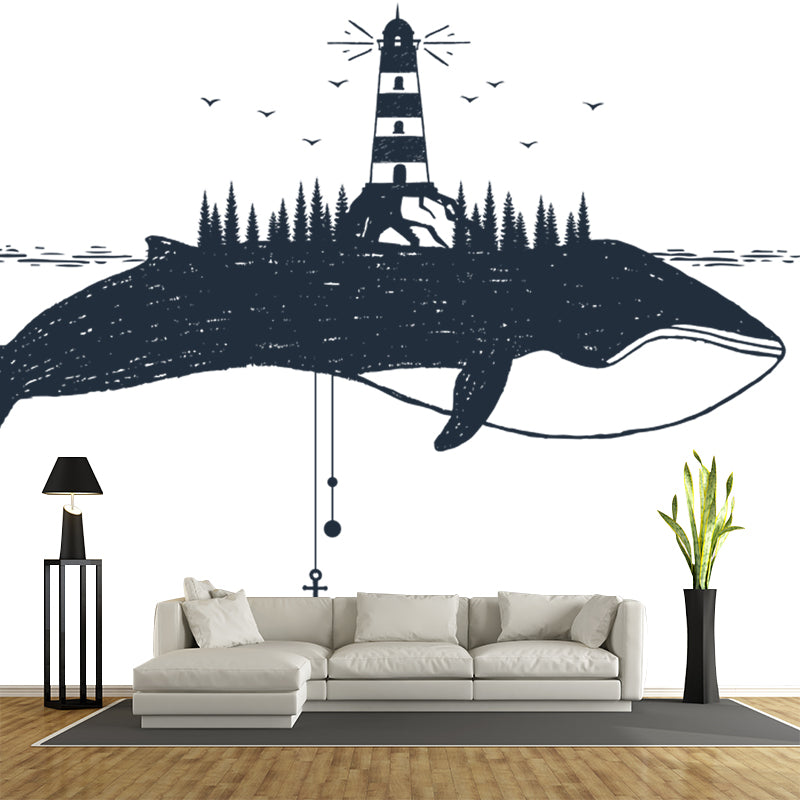 Black-White Modern Wall Mural Full-Size Tower on Whale Wall Covering for Accent Wall Clearhalo 'Wall Decor' 'Wall Mural' 1468544