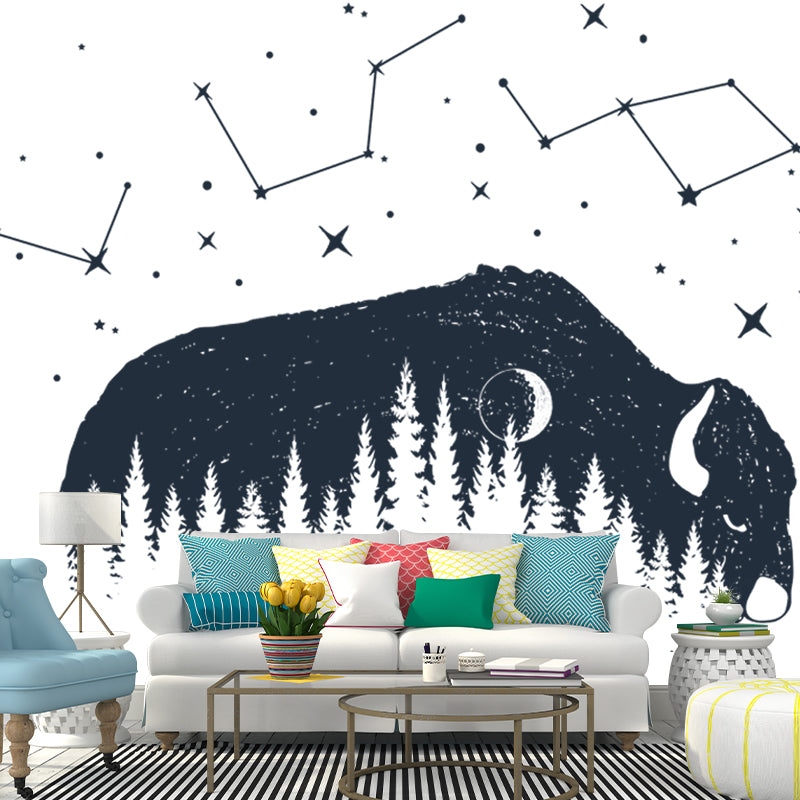 Black-White Taurus Mural Decal Moisture Resistant Wall Decor for Living Room, Custom Print Clearhalo 'Wall Decor' 'Wall Mural' 1468549