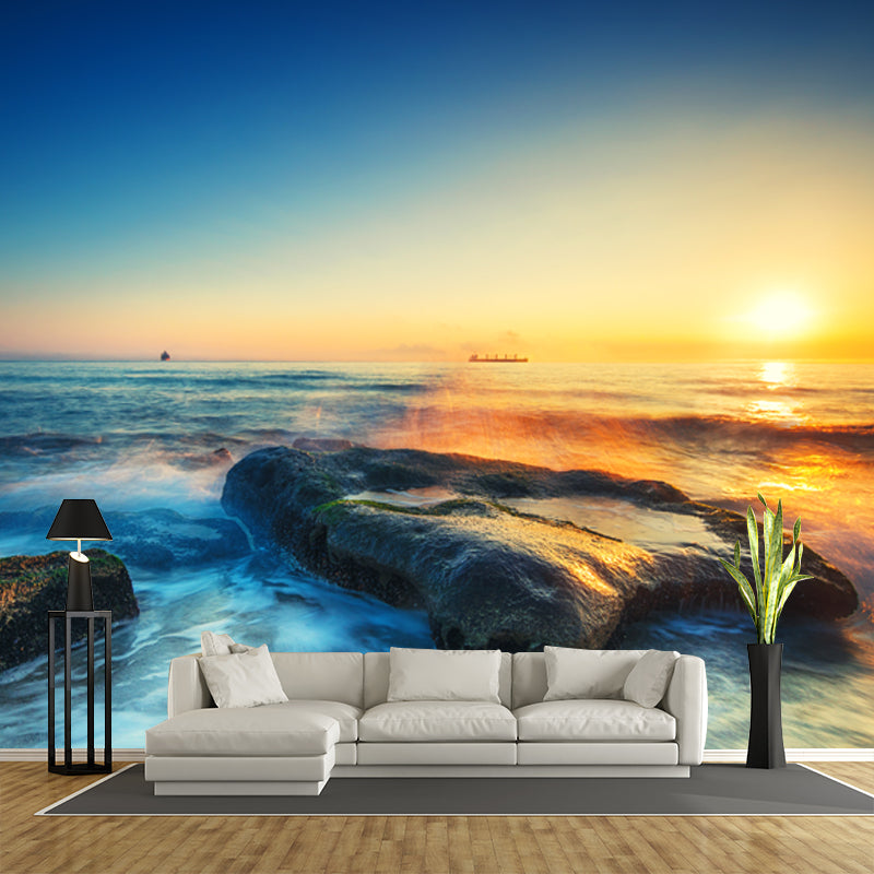 Tropix Sunset Seascape Wall Mural Blue-Yellow Ebb Tide Wall Decor for Living Room Blue-Yellow Clearhalo 'Wall Decor' 'Wall Mural' 1468662