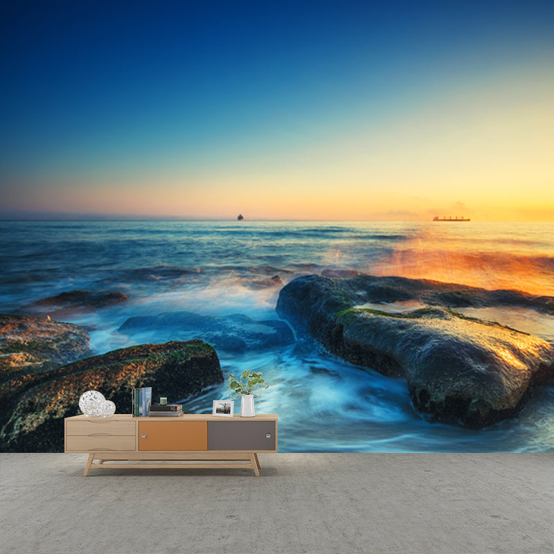 Tropix Sunset Seascape Wall Mural Blue-Yellow Ebb Tide Wall Decor for Living Room Clearhalo 'Wall Decor' 'Wall Mural' 1468663