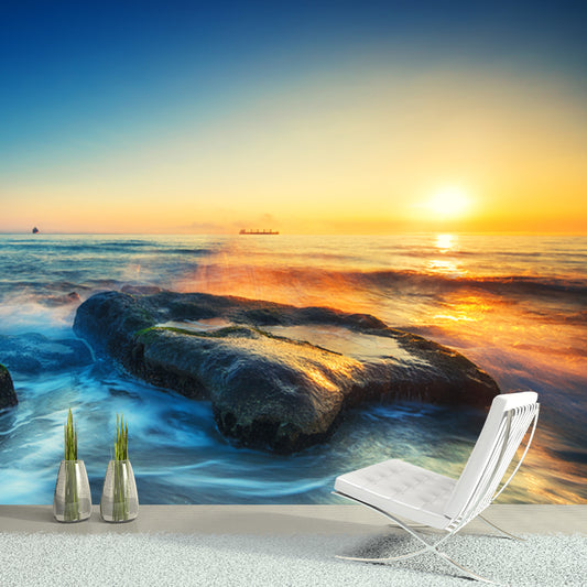 Tropix Sunset Seascape Wall Mural Blue-Yellow Ebb Tide Wall Decor for Living Room Clearhalo 'Wall Decor' 'Wall Mural' 1468664