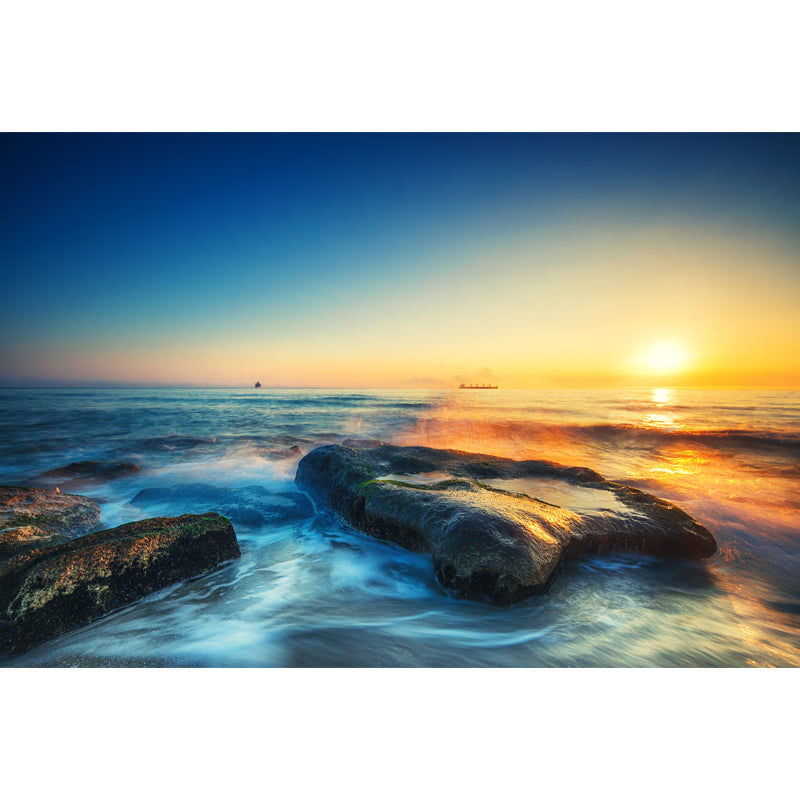 Tropix Sunset Seascape Wall Mural Blue-Yellow Ebb Tide Wall Decor for Living Room Clearhalo 'Wall Decor' 'Wall Mural' 1468665