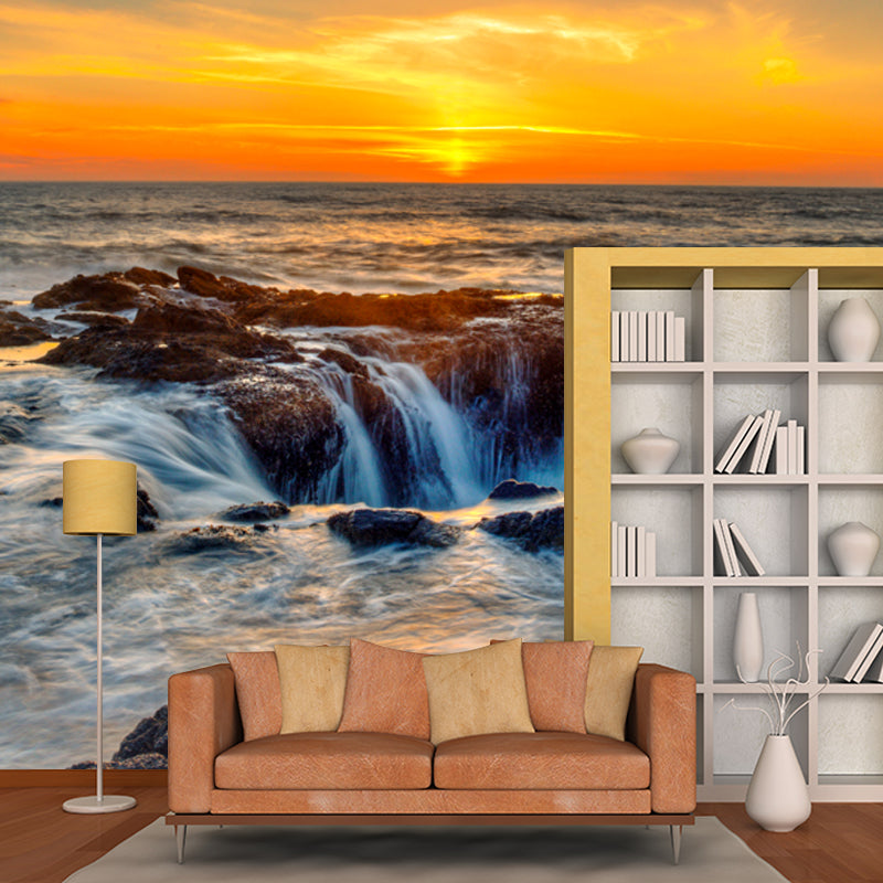 Tropics Flowing Wall Mural Yellow-Blue Sunset Sea Scenery Wall Decor for Living Room Yellow-Blue Clearhalo 'Wall Decor' 'Wall Mural' 1468712