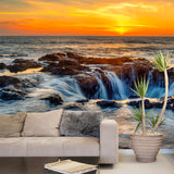 Tropics Flowing Wall Mural Yellow-Blue Sunset Sea Scenery Wall Decor for Living Room Clearhalo 'Wall Decor' 'Wall Mural' 1468713