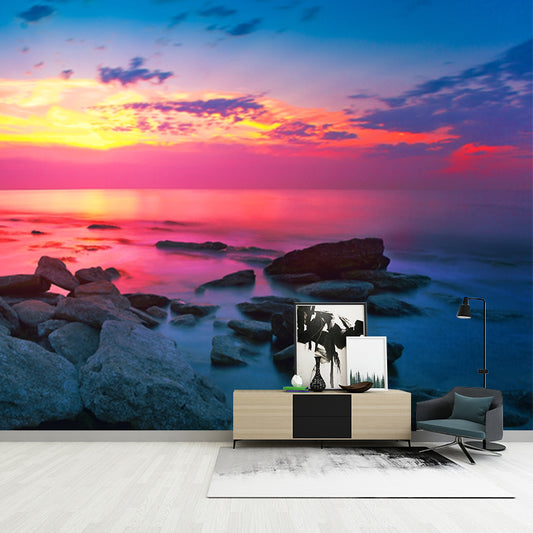 Big Tropical Wall Paper Mural Blue-Pink Coastal Rock with Evening Glow Wall Art, Custom-Made Clearhalo 'Wall Decor' 'Wall Mural' 1468739