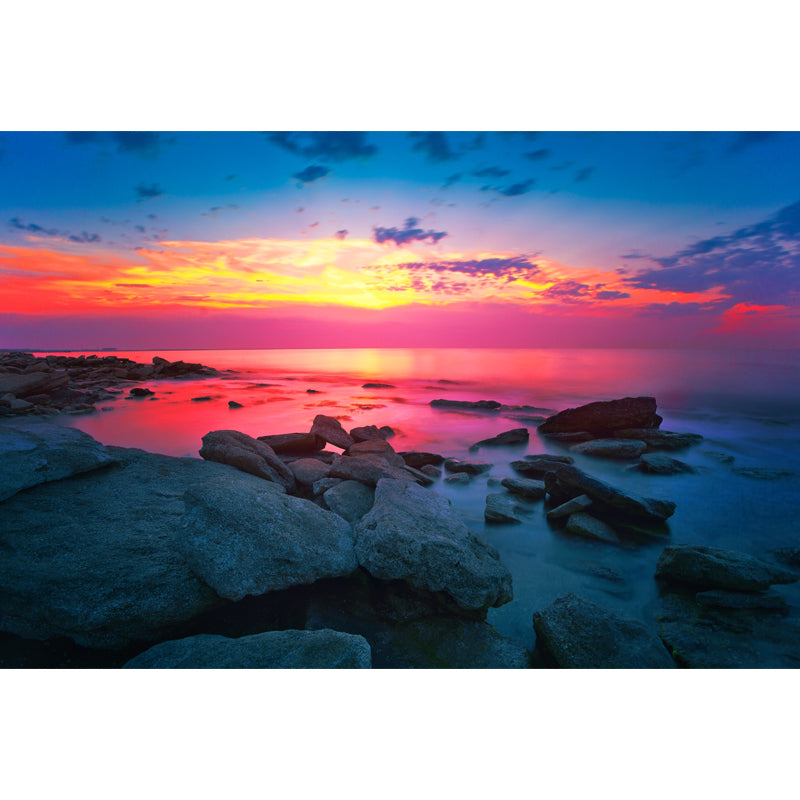 Big Tropical Wall Paper Mural Blue-Pink Coastal Rock with Evening Glow Wall Art, Custom-Made Clearhalo 'Wall Decor' 'Wall Mural' 1468740