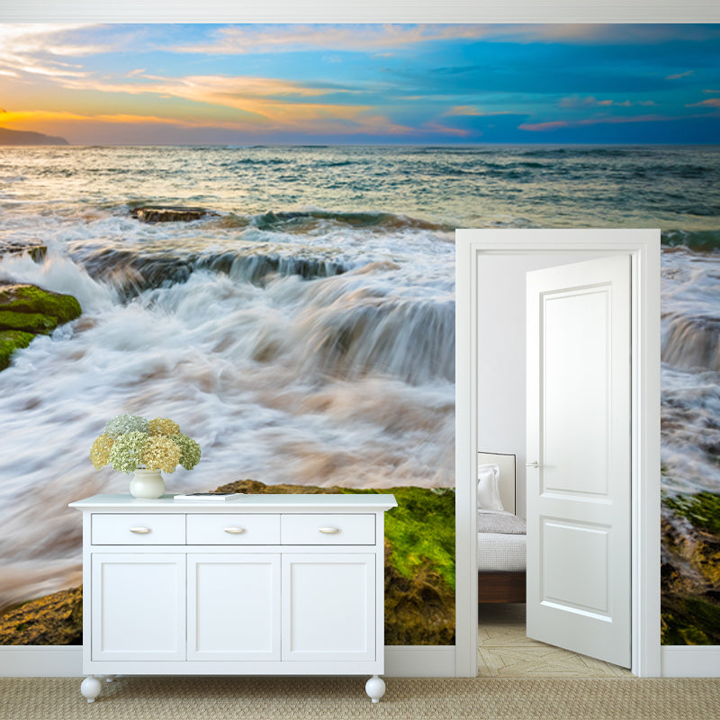 Tropics Eventide Seascapes Mural Blue-Green Moisture Resistant Wall Covering for Home Clearhalo 'Wall Decor' 'Wall Mural' 1468763