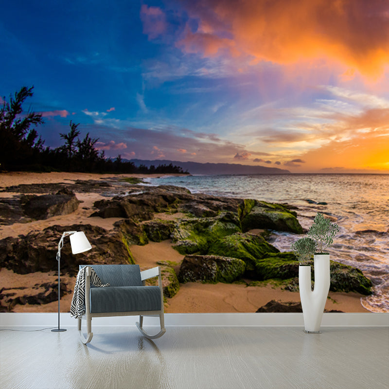 Tropical Sunset Rocky Bay Mural for Living Room Personalized Wall Decor in Blue-Green Clearhalo 'Wall Decor' 'Wall Mural' 1468778