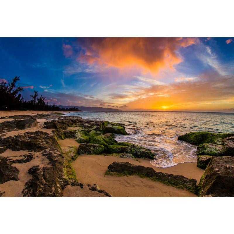 Tropical Sunset Rocky Bay Mural for Living Room Personalized Wall Decor in Blue-Green Clearhalo 'Wall Decor' 'Wall Mural' 1468780