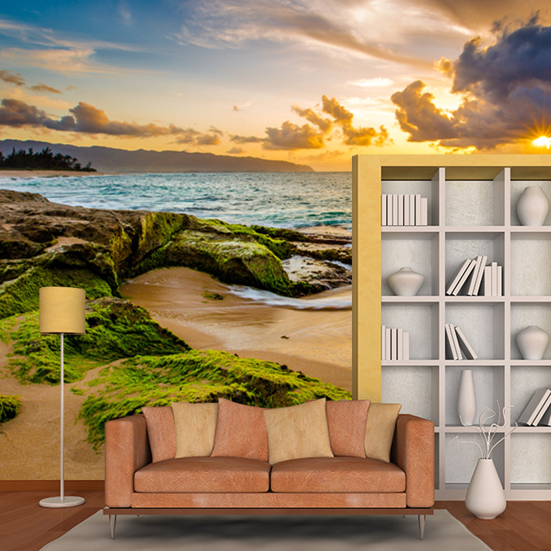 Sunset Moss Sea Rock Mural Tropical Non-Woven Cloth Wall Covering in Yellow-Green Clearhalo 'Wall Decor' 'Wall Mural' 1468783