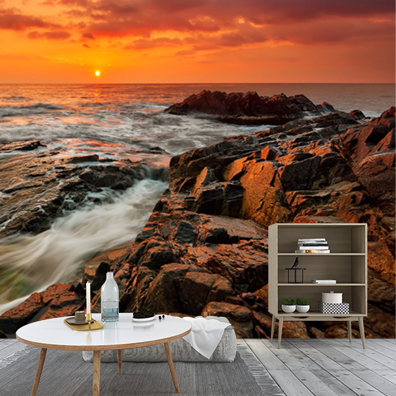 Yellow Eventide Scenery Wall Mural Ocean Rock Tropix Stain Proof Wall Art for Home Clearhalo 'Wall Decor' 'Wall Mural' 1468808