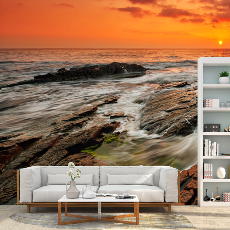 Yellow Eventide Scenery Wall Mural Ocean Rock Tropix Stain Proof Wall Art for Home Clearhalo 'Wall Decor' 'Wall Mural' 1468809