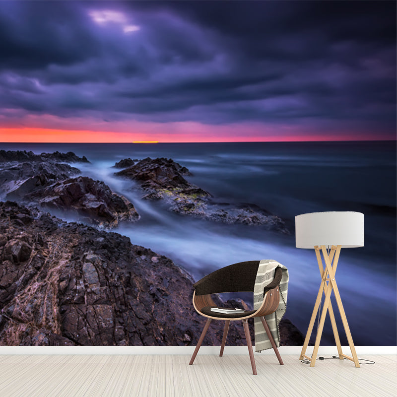 Tropics Sea Rock Sunset Mural Wallpaper Blue Washable Wall Decor for Living Room Clearhalo 'Wall Decor' 'Wall Mural' 1468813