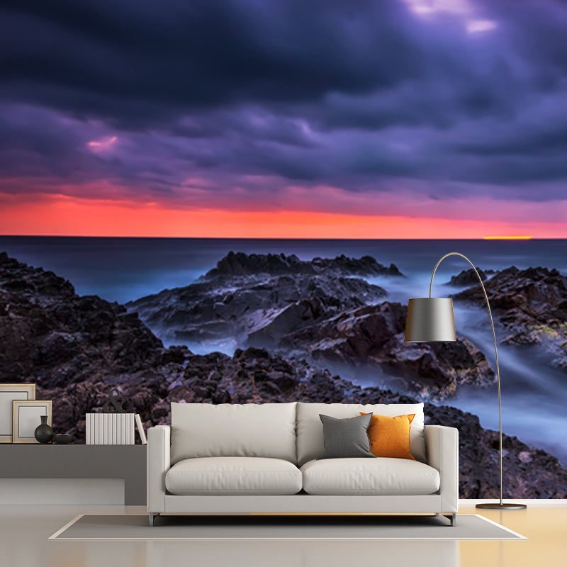 Tropics Sea Rock Sunset Mural Wallpaper Blue Washable Wall Decor for Living Room Clearhalo 'Wall Decor' 'Wall Mural' 1468814