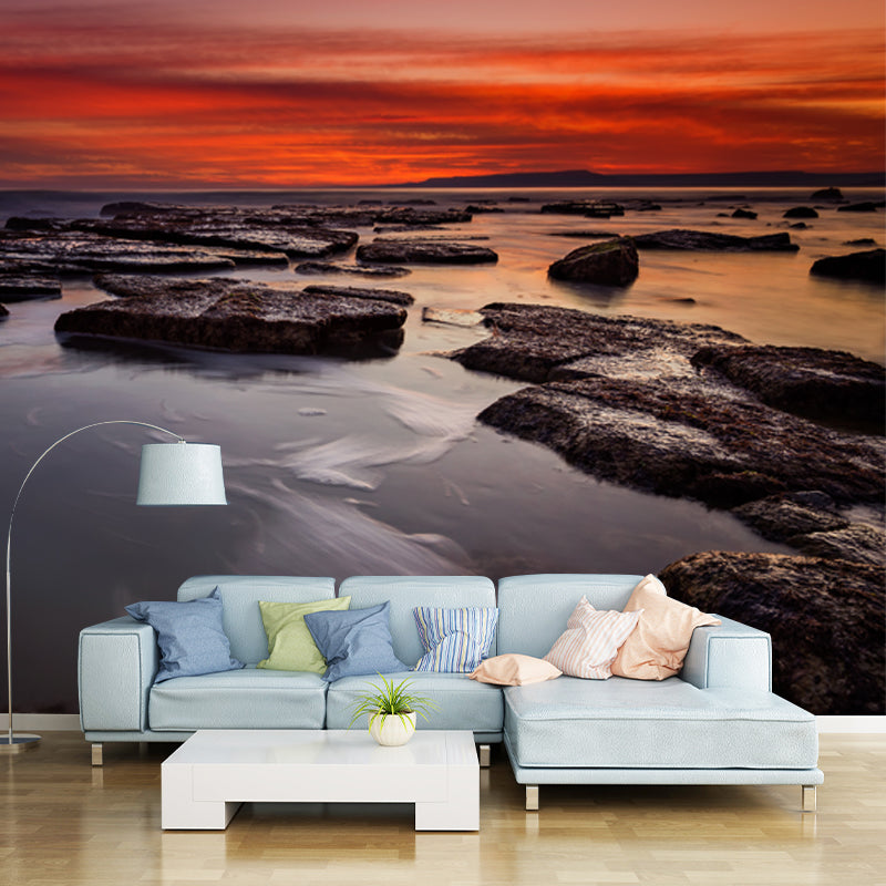 Tropical Sea Ebb Mural Decal Grey-Orange Stain Resistant Wall Art for Living Room Gray-Orange Clearhalo 'Wall Decor' 'Wall Mural' 1468837