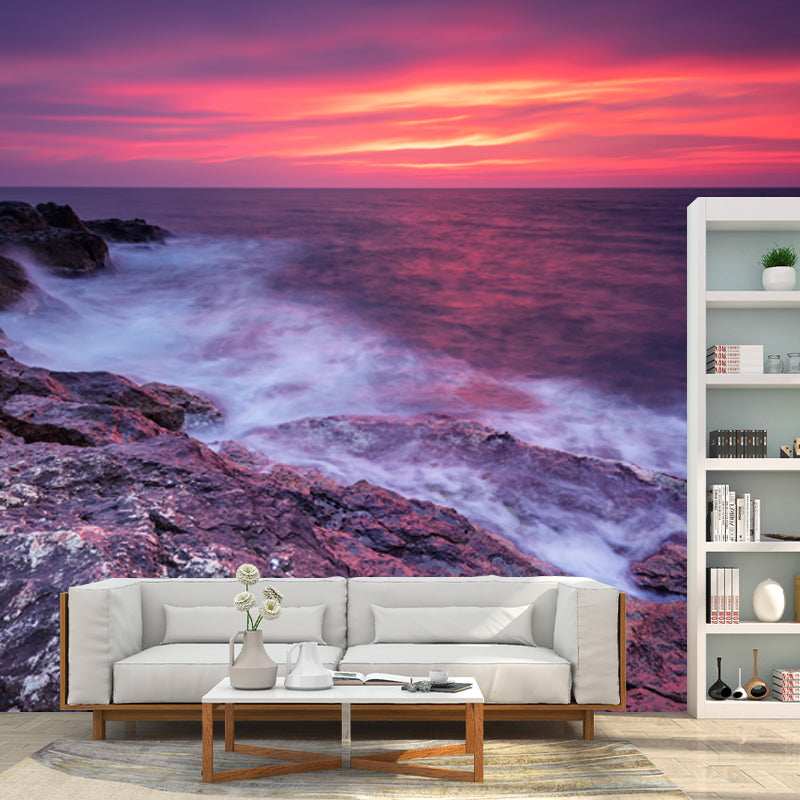 Whole Rock and Surge Mural Tropical Stunning Evening Glow Wall Covering in Purple Purple Clearhalo 'Wall Decor' 'Wall Mural' 1468852