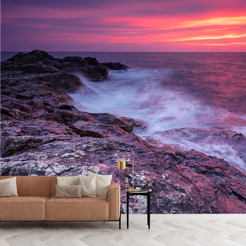 Whole Rock and Surge Mural Tropical Stunning Evening Glow Wall Covering in Purple Clearhalo 'Wall Decor' 'Wall Mural' 1468853