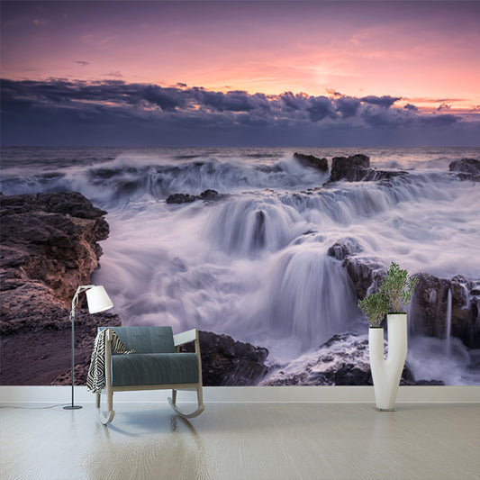 Tropical Nightfall Sea Cascade Mural Grey-White Moisture Resistant Wall Art for Bedroom Clearhalo 'Wall Decor' 'Wall Mural' 1468888