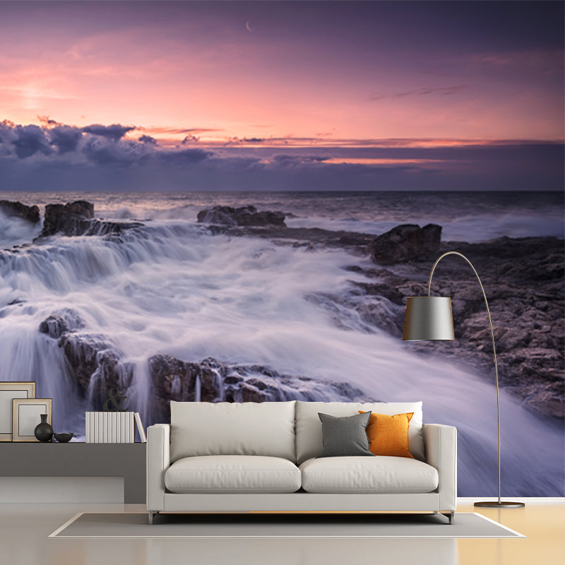 Tropical Nightfall Sea Cascade Mural Grey-White Moisture Resistant Wall Art for Bedroom Clearhalo 'Wall Decor' 'Wall Mural' 1468889