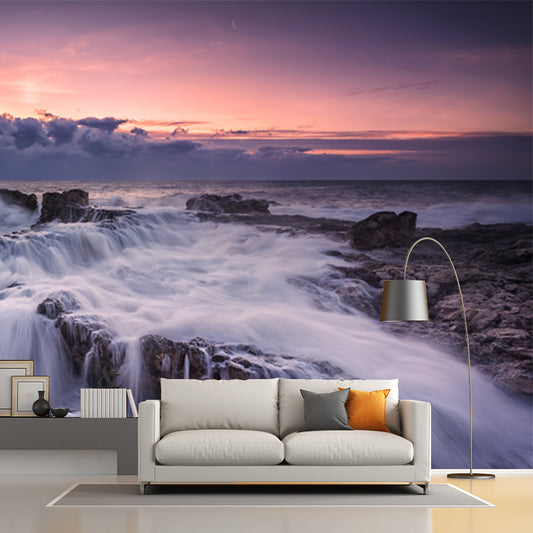 Tropical Nightfall Sea Cascade Mural Grey-White Moisture Resistant Wall Art for Bedroom Clearhalo 'Wall Decor' 'Wall Mural' 1468889